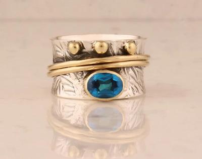 Blue Topaz Gemstone Ring, Spinner Band Ring, Handmade Boho Designer Ring, Statement Ring, Unisex Ring, Silver Ring