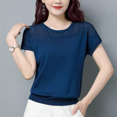 Camiseta de Manga Curta de Verão Feminina Camiseta Fina de Seda Gelada de Verão Gola Redonda Vazada Top Curto Tricotado Feminino para Mãe