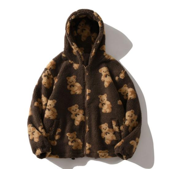 Women Winter Coat Plush Thermal Outwear Stylish Casual Bear Print Lady for Travel
