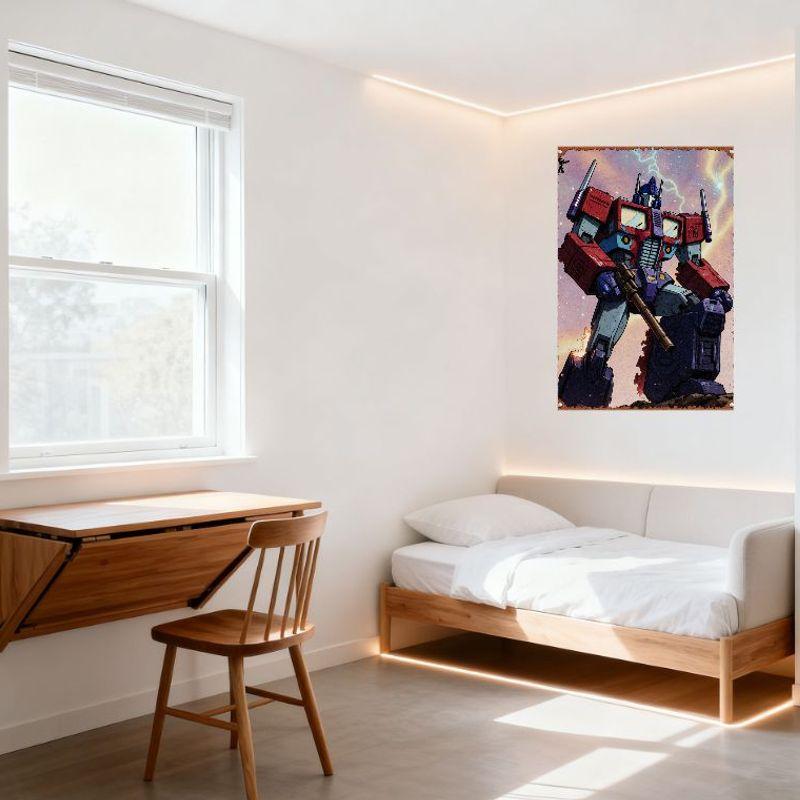 Vintage Transformers Optimus Prime Metal Tin Sign Dynamic Pose Comic Art Starry Sky Lightning Wall Plaque for Home Bar Man Cave