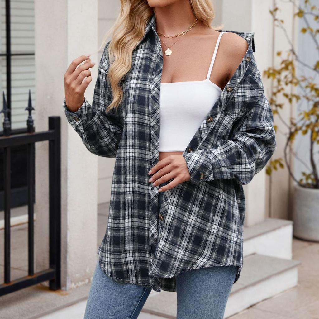 Camicia da donna con bottoni, ampia, a maniche lunghe, leggera, in flanella a quadri, giacca oversize, abbigliamento da donna alla moda 2024