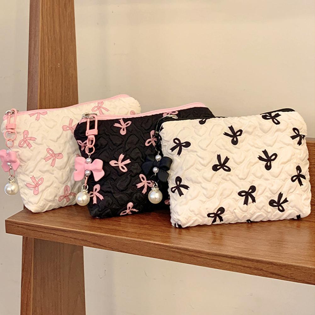 Cute Bow Flower Quilting Cotton Makeup Bag Women Female Cloth Handbag Portable Toiletry Case Zipper Cosmetic Organizer for Girls