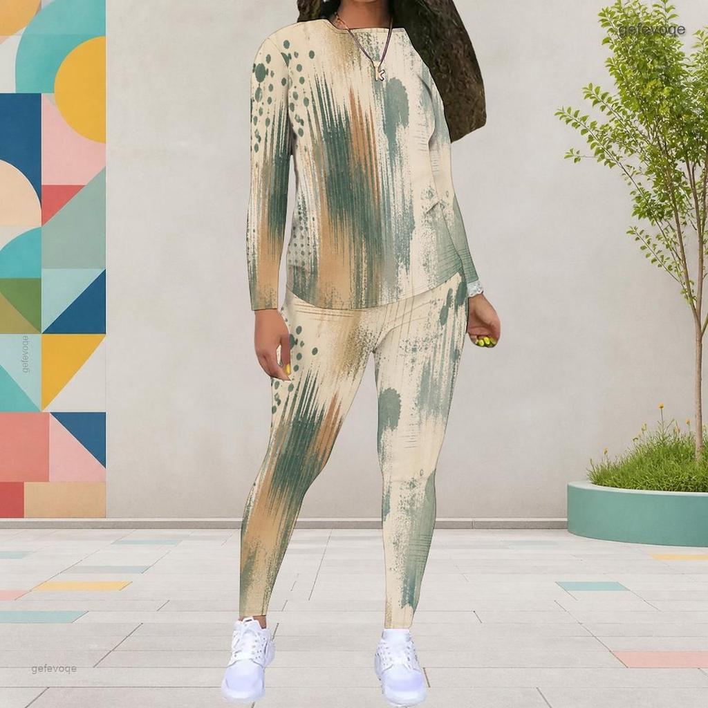 Women Plus Size Two Piece Set Round Neck Long Sleeve Printed Top And Fitted Pants