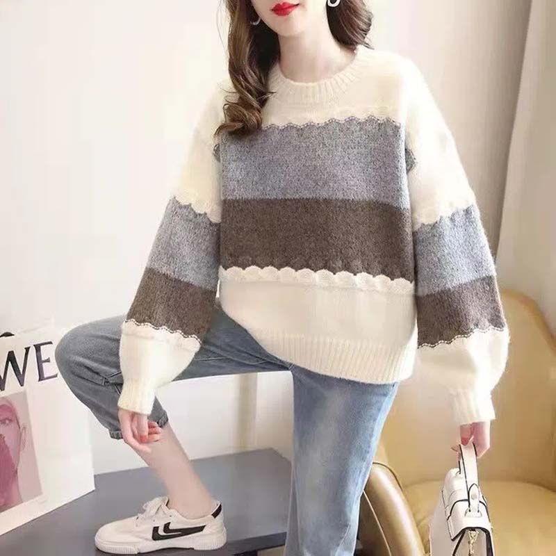 WTEMPO Loose Striped Knitted Pullovers Thin Women Vintage Round Collar Long Sleeve Jumpers Female Harajuku Casual Sweaters