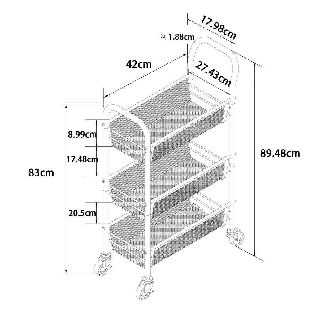 Metal Frame Kitchen Cart with Metal Mesh, Rust-Resistant, Small Item Storage, 3 Shelves, 26.5cm Wide x 45.5cm Deep x 63.5cm High [Parallel Import]