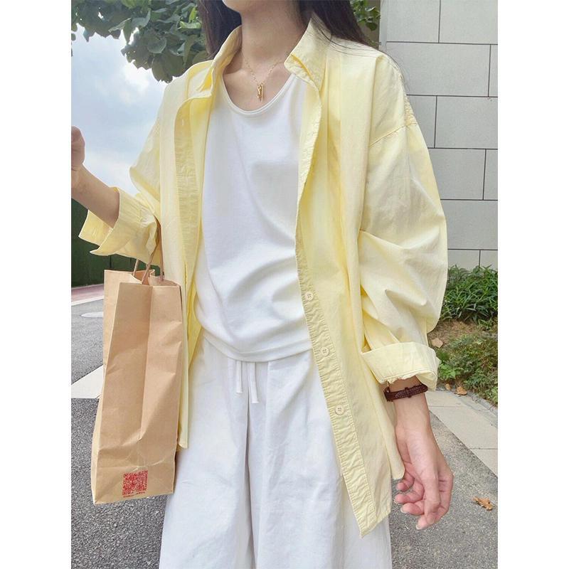 Women's Long Sleeve Shirt POLO Neck Commuter Blouse Solid Color Cotton Loose Fit Sun Protection Open Cardigan