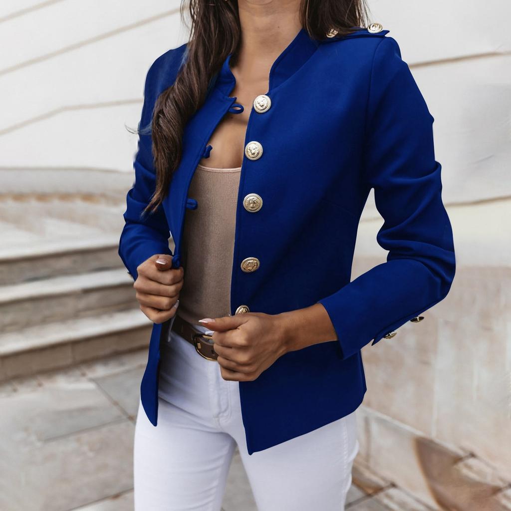 Chaqueta corta de traje pequeño de manga larga de color sólido informal para mujer