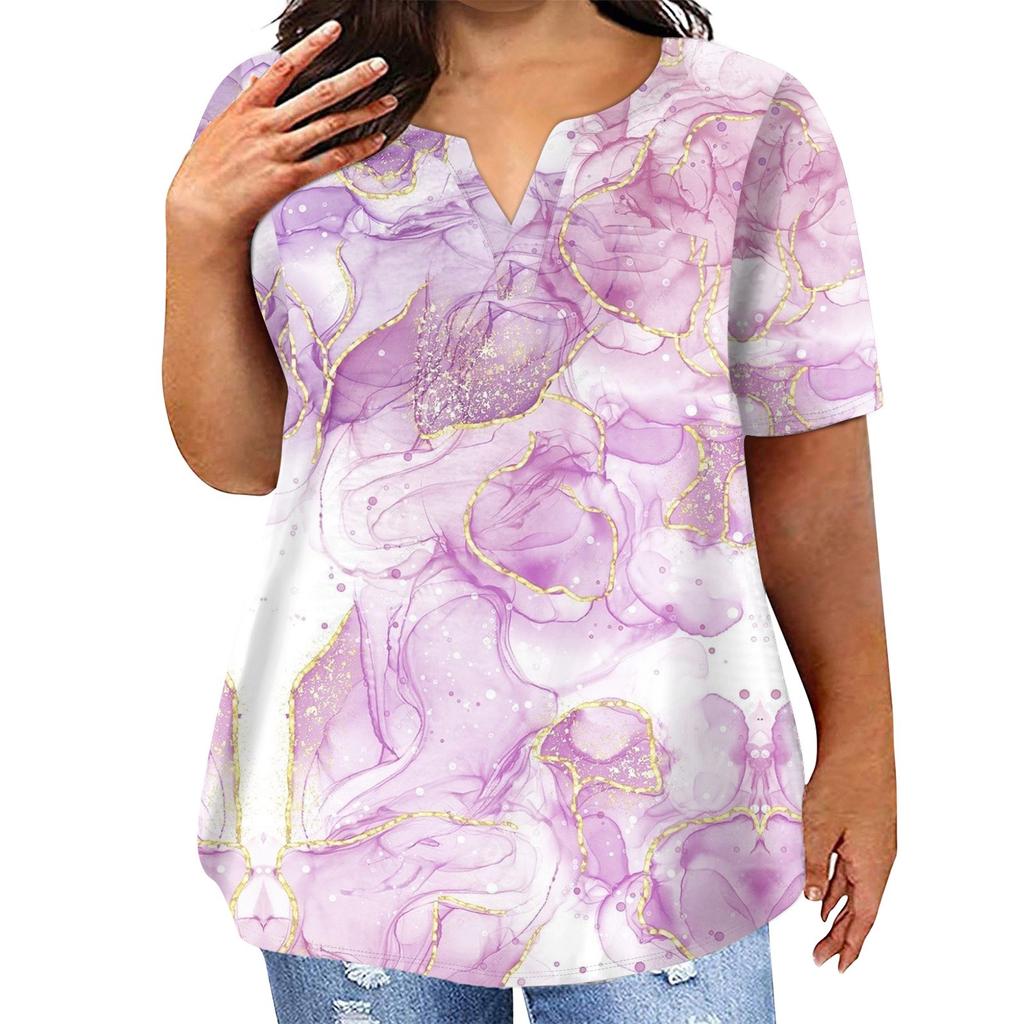 T-shirt décontracté à manches courtes et col en V pour femme, grande taille, imprimé tie-dye, avec poches