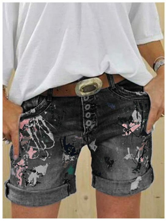 Pantaloncini di Jeans Elasticizzati da Donna a Vita Alta Taglie Forti con Stampa a Bottoni