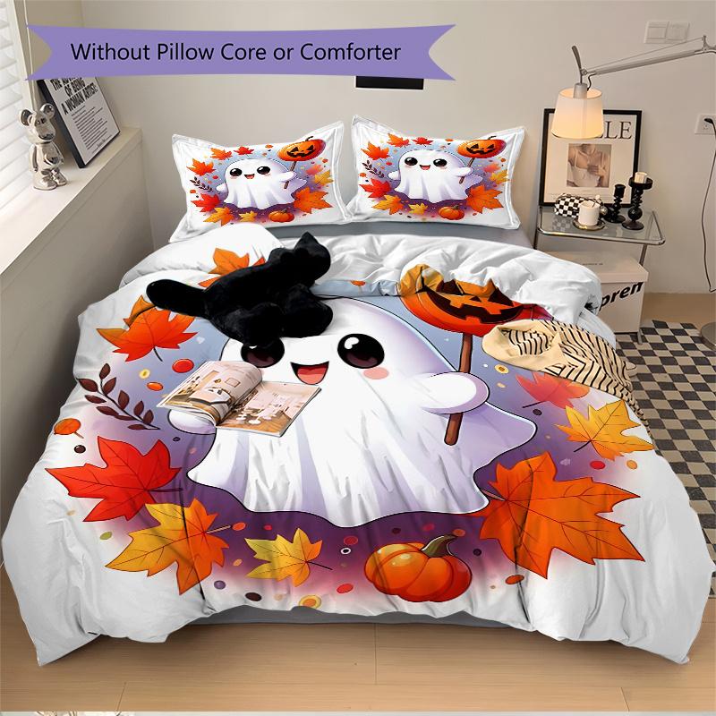 3pcs Happy Ghosts & Pumpkins Quilt Set Soft and Comfortable Bedroom, and Dorm Decor Bedding Set 1 Quilt Cover + 2 Pillowcases.L052