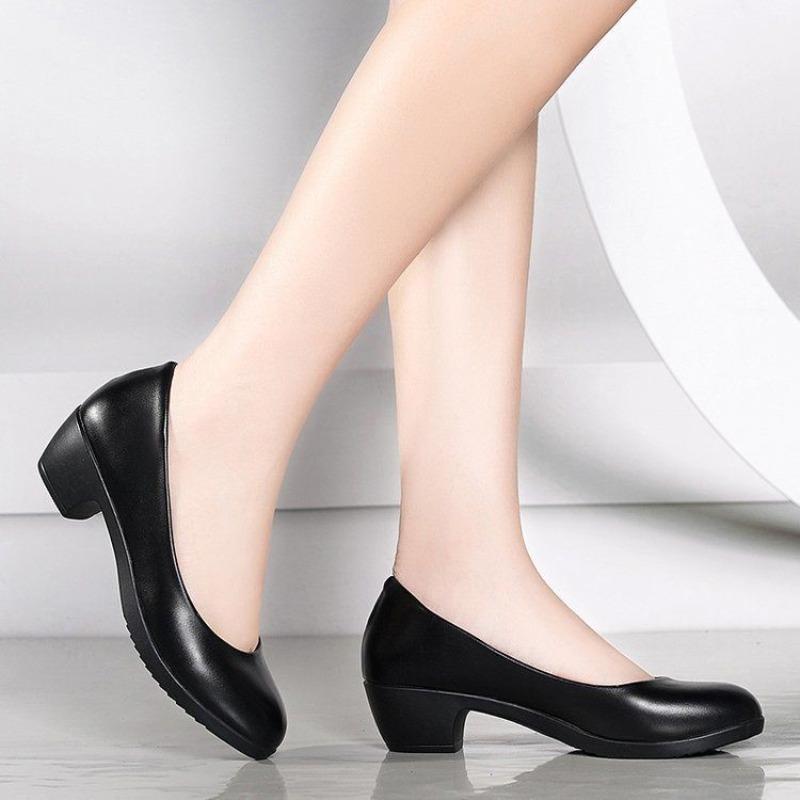 Fashion Women's High Heels Square Heel Womens Leather Shoes Shallow Non Slip Work Shoes Lightweight Fashion Women Shoes Autumn 2025 New