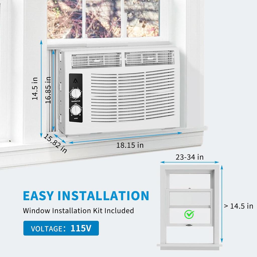 5000 BTU Window AC Unit with Remote - Cools Rooms  Low-Noise & Energy Saver Air Conditioner for Bedroom, Office, Dorm