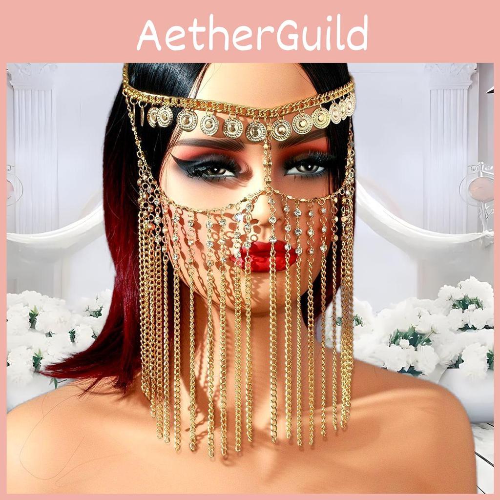 Gold Water Drill Headpiece With Tassel Chain For Middle East Inspired Bridal Wear