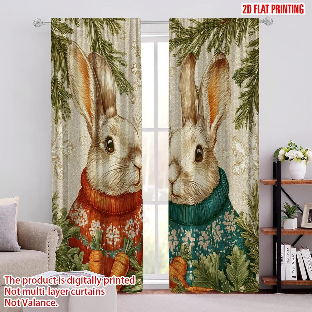 

2 шт., 2D печать Современные шторы Кролик с сосновыми ветками и снежинками Универсальный прочный полиэстер (без удилища) 52.50 × 116.00 cm 2 pcs