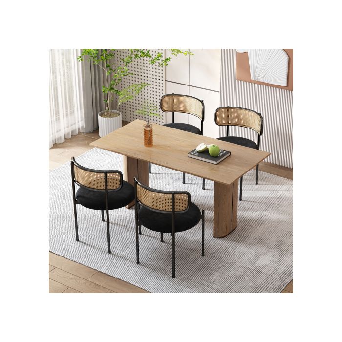 Chaise de salle à manger - MUVOE - Velours noir - Lot de 2 - Dossier en rotin - Pieds en métal