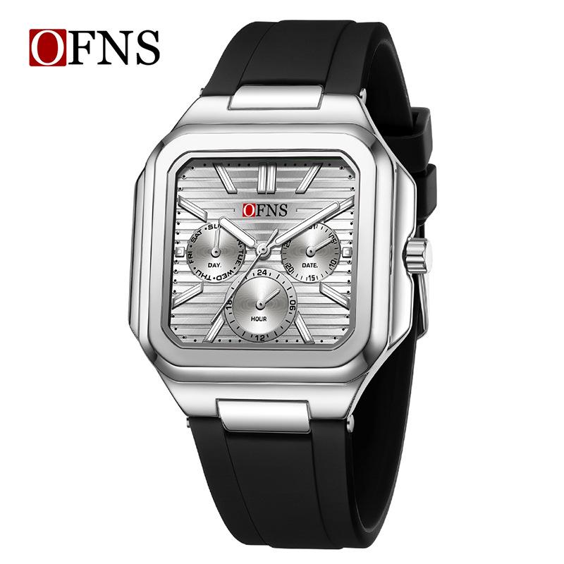 OFNS Six-Hand Men's Square Quartz Watch: Luminous, Day-Date, 30M Waterproof, Silicone Steel Band, Hot Seller