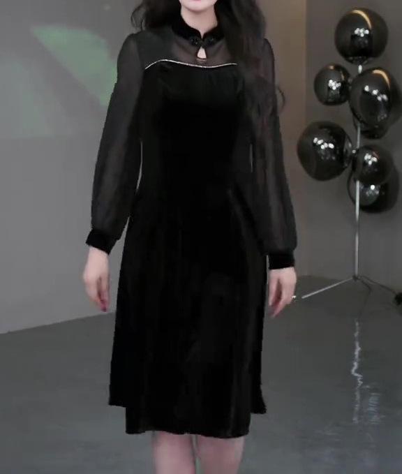 Spring European-Style Off-Shoulder Lace Velvet Dress for Plus Size Middle-Aged Women