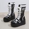 Women's Single Boots New Winter Round Front Lace-up Side Zipper Rivet Thick Soled Non-slip Mid-calf Boots