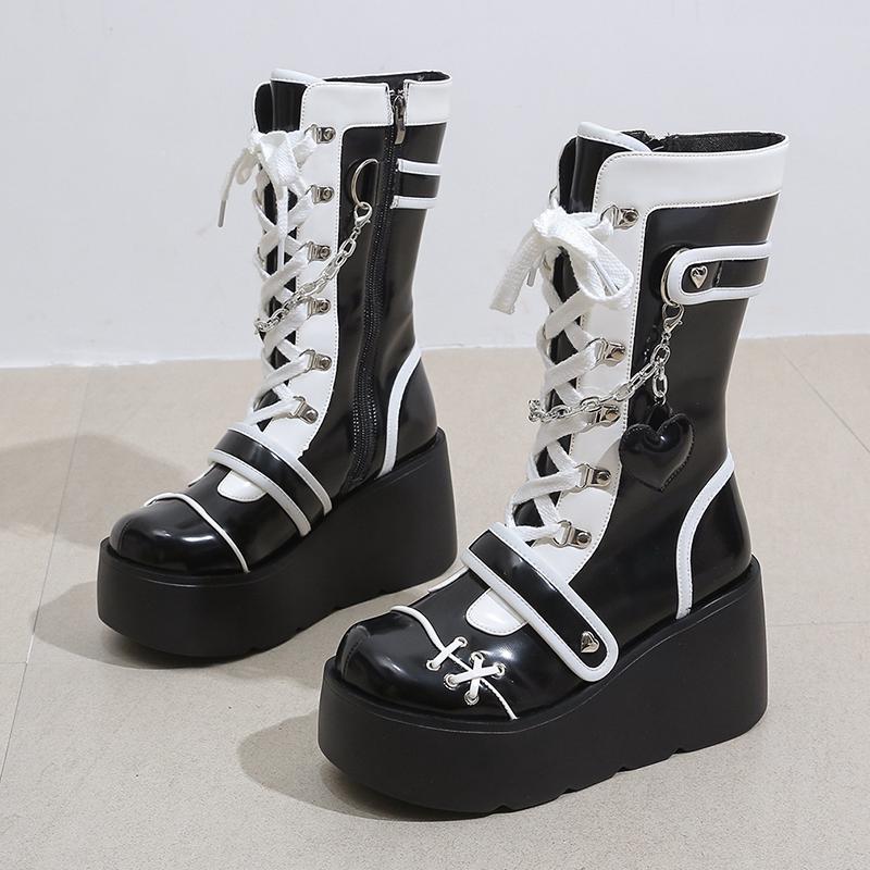 Women's Single Boots New Winter Round Front Lace-up Side Zipper Rivet Thick Soled Non-slip Mid-calf Boots