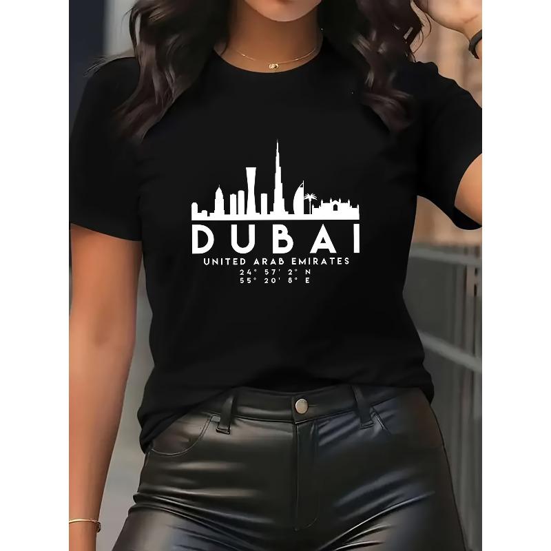 

European sizes Fashionable Y2K Urban Style Women s Short Sleeve T-Shirt - Dubai Skyline Print, Easy Care & Wash 4XL чорний