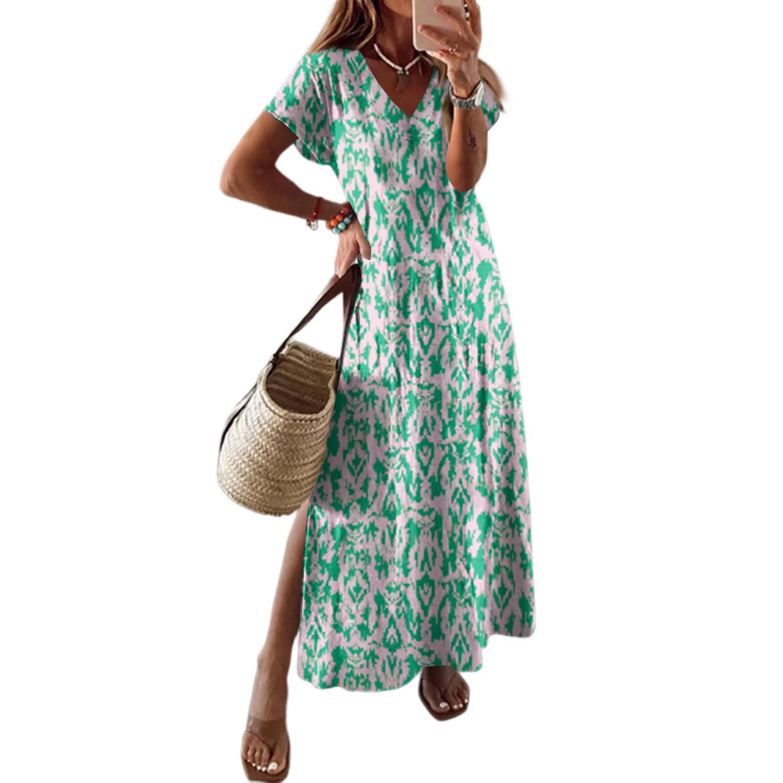 

Женское летнее цветочное платье с коротким рукавом, пляжное платье с карманами, повседневное платье-футболка с V-образным вырезом и разрезом, длинное платье для путешествий и отпуска S