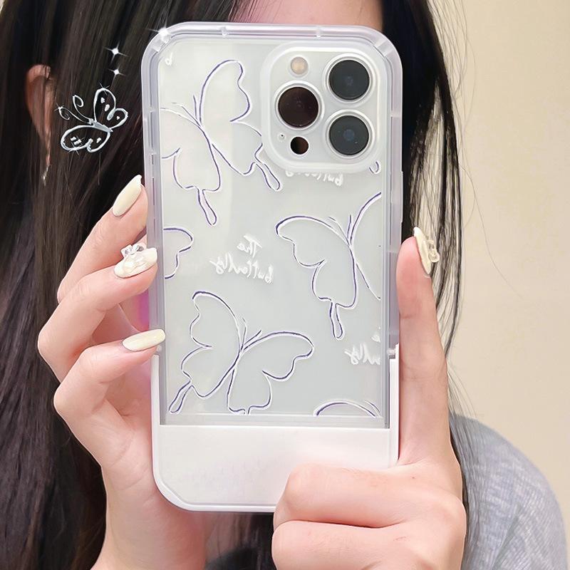 Ins Line Butterfly Phone Case For Iphone 11 12 Promax 13 Pro Max 8 7 Plus Xsmax X Xr Stand Holder Cute Cartoon Back Cover Capa