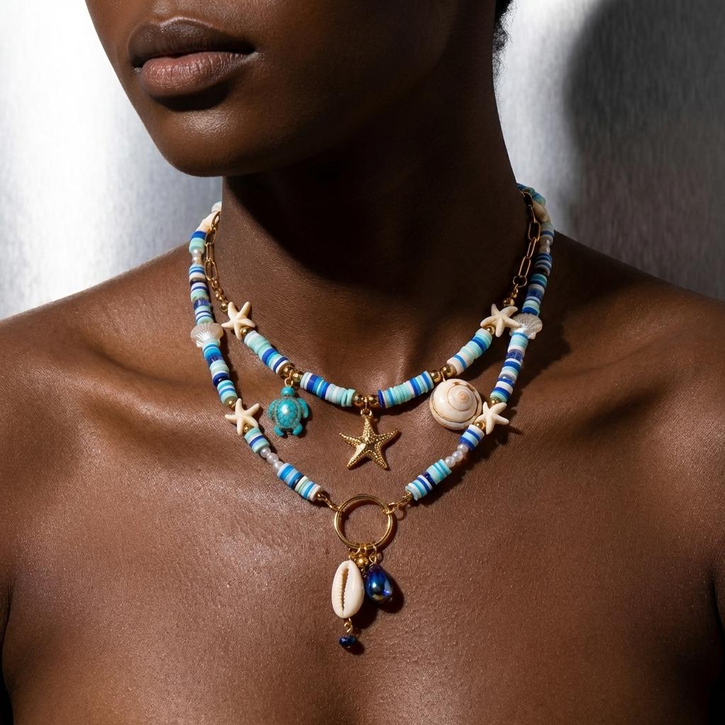 Retro Blaue Polymer Clay Perlen Muschel Seestern Halskette für Damen Meeres Elemente Schildkröte Muschel Mehrschichtiger Choker Strand Schmuck
