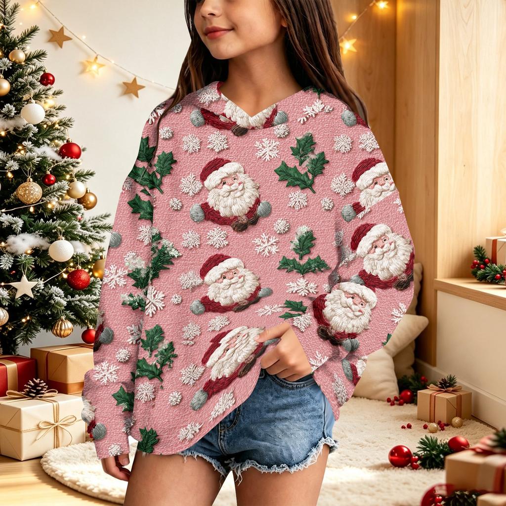 Children's casual fleece pullover with Christmas print and hooded design