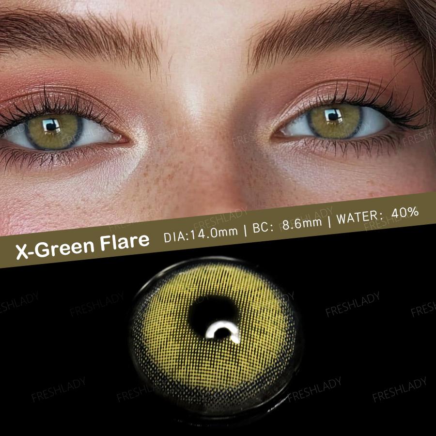FreshLady 1 Pair 2pc 14.00mm Yearly Disposable Brown/Gray/Green Content Colored Contacts Lens, Beautiful Pupil Eye Makeup Contactlens