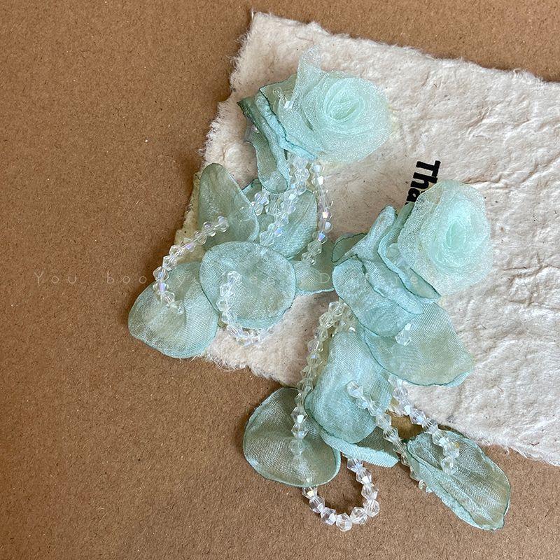 Mint Mambo Green Seaside Vacation Style Crystal Flowers Tassel Stud Earrings for Women Long High Profile Generous Earrings Earrings