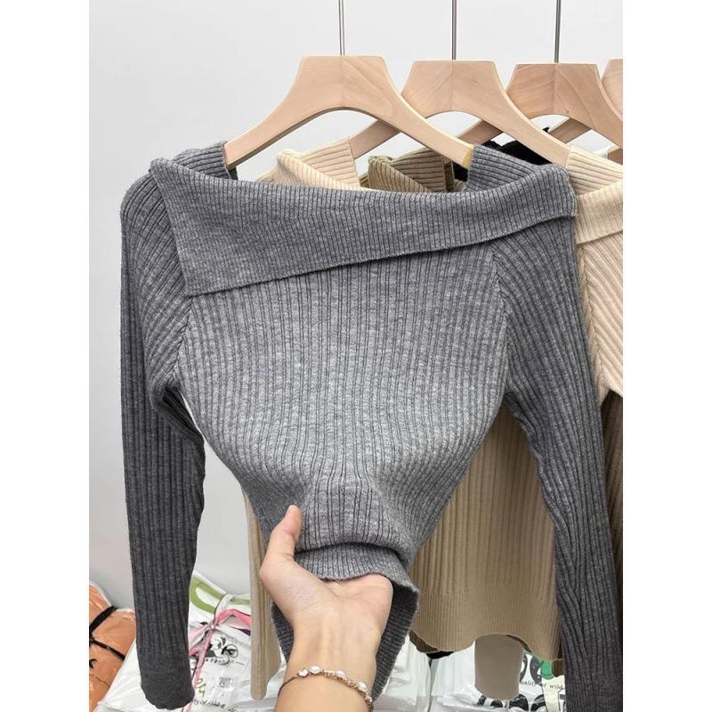 Lapel One-word Shoulder Knitted Bottoming Shirt Women's Inner Sweater Autumn and Winter New Design Short Top Women's