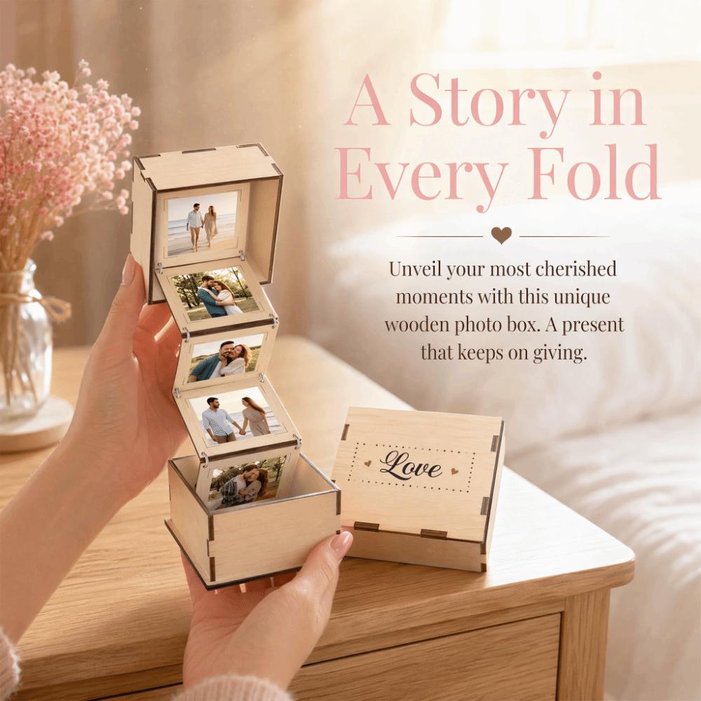 Folding Wooden Photo Storage Box Vintage Flip Cover Memory Box Practical Photo Album Box Couple