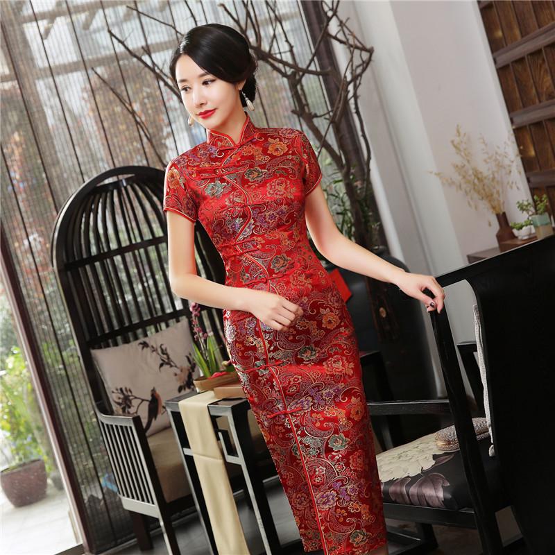 Spandex stand-up collar mid-slit long cheongsam dress women