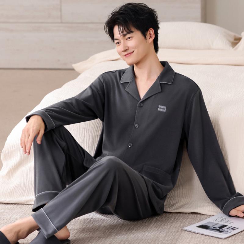 

Men s Autumn/Winter Flannel Pajama Set: Cozy, Non-Shedding, Lapel Cardigan for Home Wear 3XL