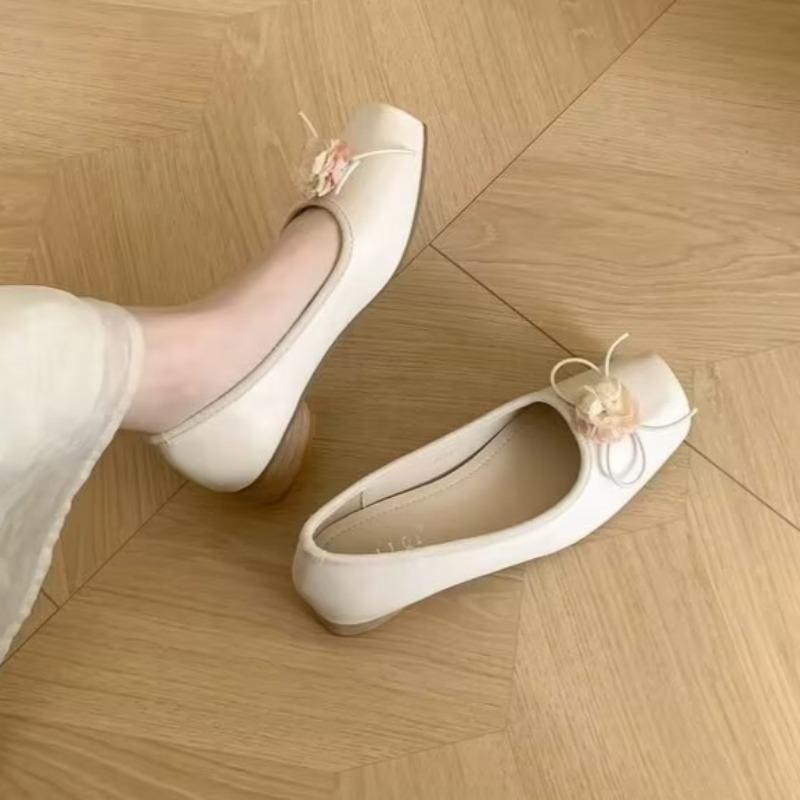 Fashion Women's Chunky Single Shoes Autumn New Square Head Shallow Mouth Flower Butterfly Knot Soft Sole Non-slip Low Top Shoes