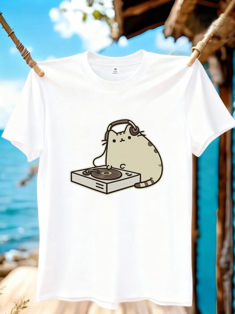 Yj01428music Listening Cat Cartoon Print Plus Size Unisexs Tshirt Summer Casual Short Sleeve Top Fashionable Versatile Wear
