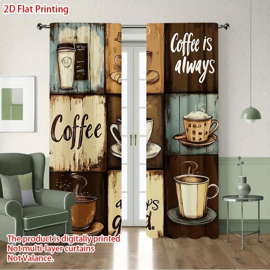 2PCS Digital Printed Curtains, Vintage Coffee Brown Pattern, Warm Cozy Retro Style for Living Room Bedroom Apartment Home Decor