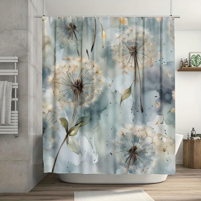 1PC Seamless Dandelion Shower Curtain, Space-Themed with Golden Dandelions & Stars, for Bathroom or Bathtub Decor