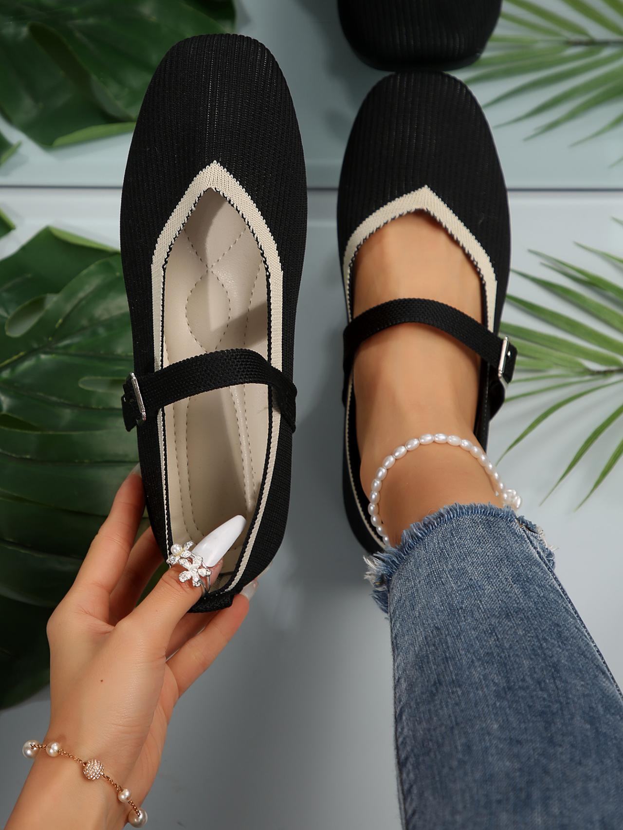 

Fashion Four Seasons Women s Shoes Simple Fabric Flat Shoe Buckle Strap Square Toe Shallow Mouth Knitted Fabric Women s Casual Shoes 36 чёрный