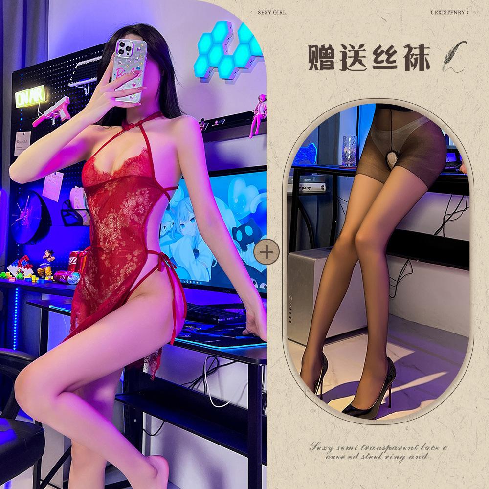 Sex underwear retro perspective lace cheongsam sexy eyelash edge strap nightdress hot temptation backless