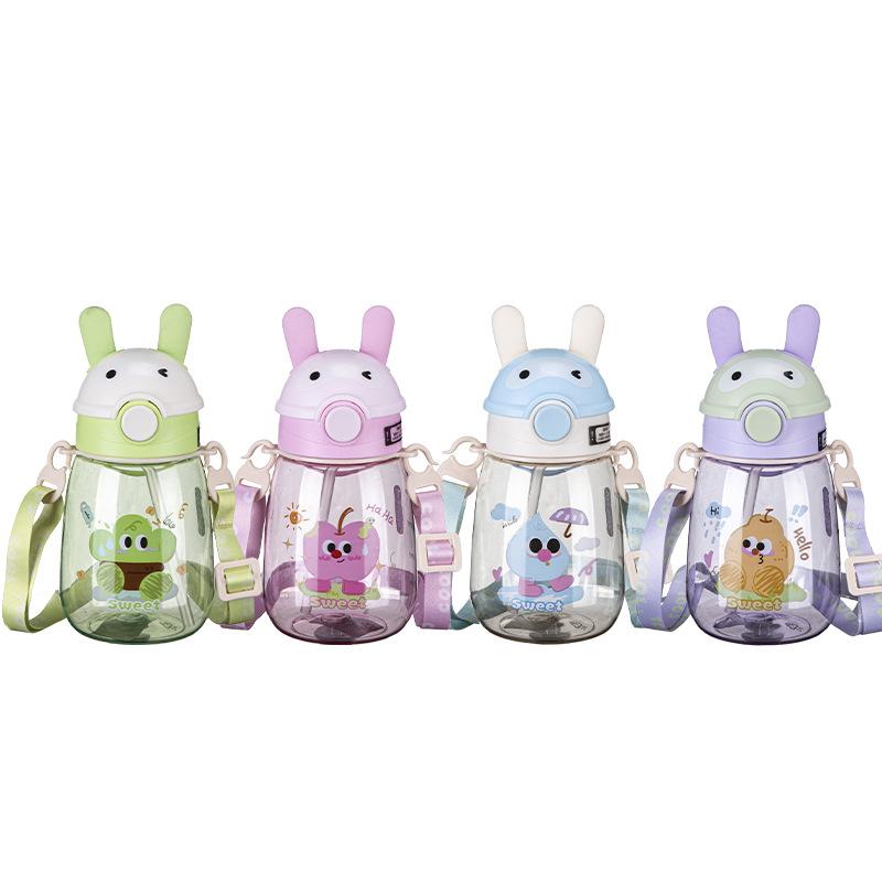 Water bottle new cartoon rabbit children's plastic kindergarten school special kettle straw cup students portable strap