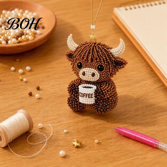 Stress Relief Craft DIY Highland Cow Beading Kit, Cute 3D Bead Pendant Handmade Ornaments with Colorful Beads And Instructions, Beadwork Kit
