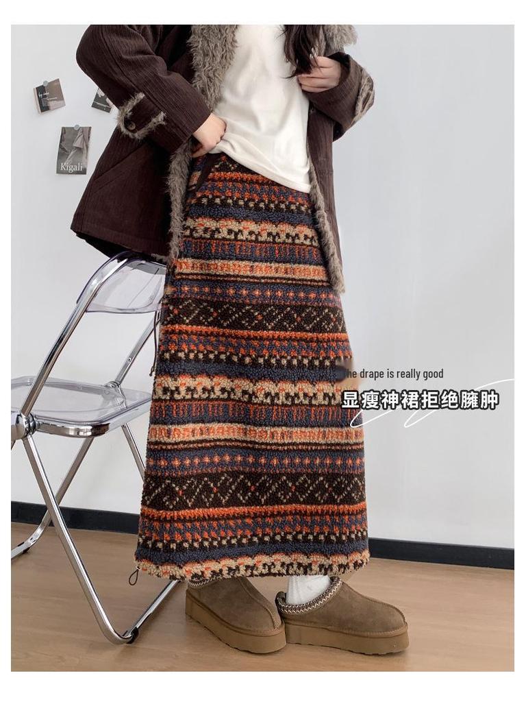 Retro Fair Isle Fleece Women's Mid-Length Lantern Skirt - Ethnic Style, Drawstring Hem, Two-Way Wear for Autumn/Winter
