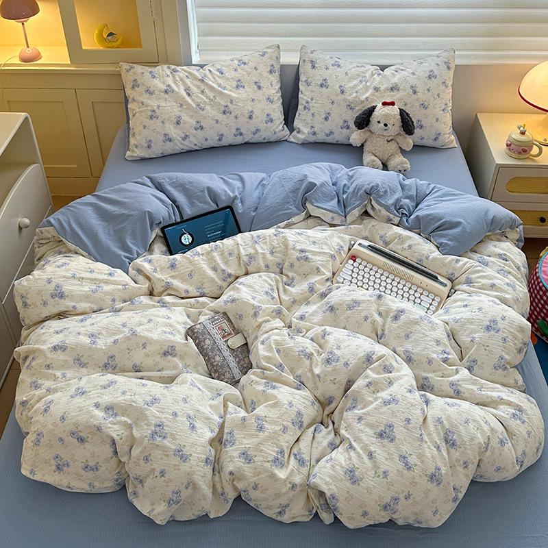 Double-Layer Gauze Cotton Printed Bedding Set - 3 or 4-Piece Options