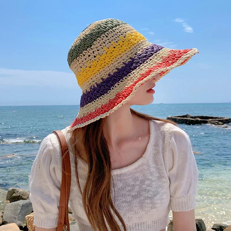 Regenbogen Strohhut Damen Sommer Sonnenschutz Handgehäkelt Großer Rand Eimerhut Damen Strand Sonnenhut Boho Dame Mädchen Mode Hüte
