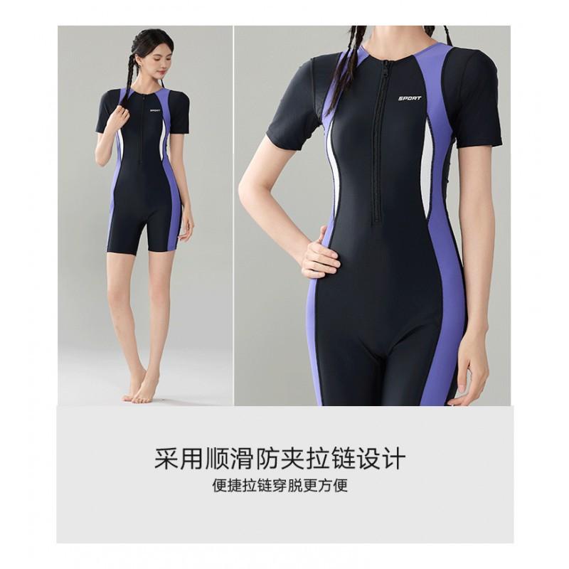 Swimsuit Women's One-piece Short-sleeved Quarter-pants Conservative Slimming Student Sports Large Size Hot
