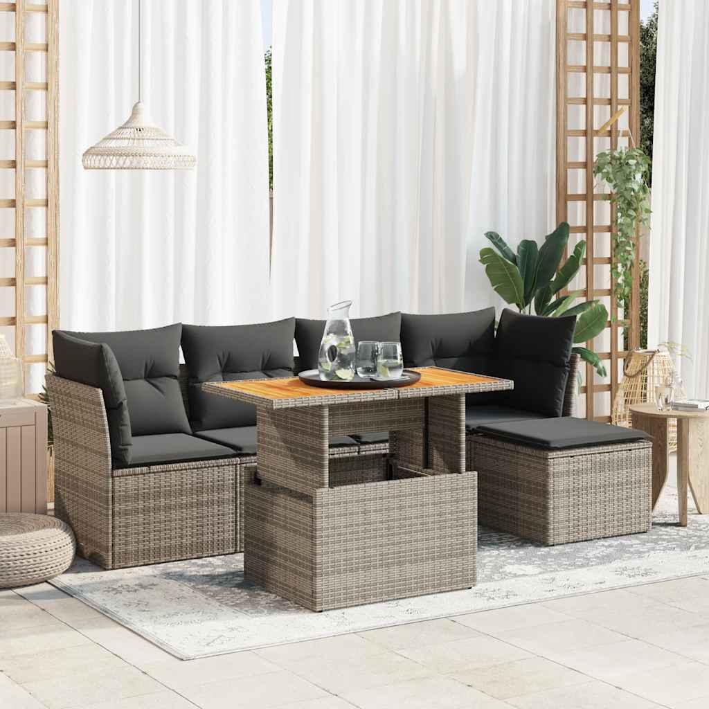 Vidaxl 6-Cz. Garden Furniture Set With Cushions, Grey, Poly Rattan