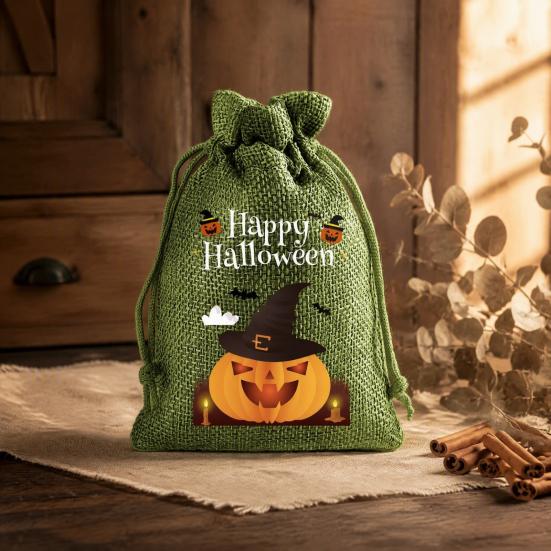 Handmade Style Party Bags 2Pcs Halloween Pumpkin Drawstring for Candy Treats, Retro Burlap Festival Totes Trick or Treat Bags, Portable Goodie