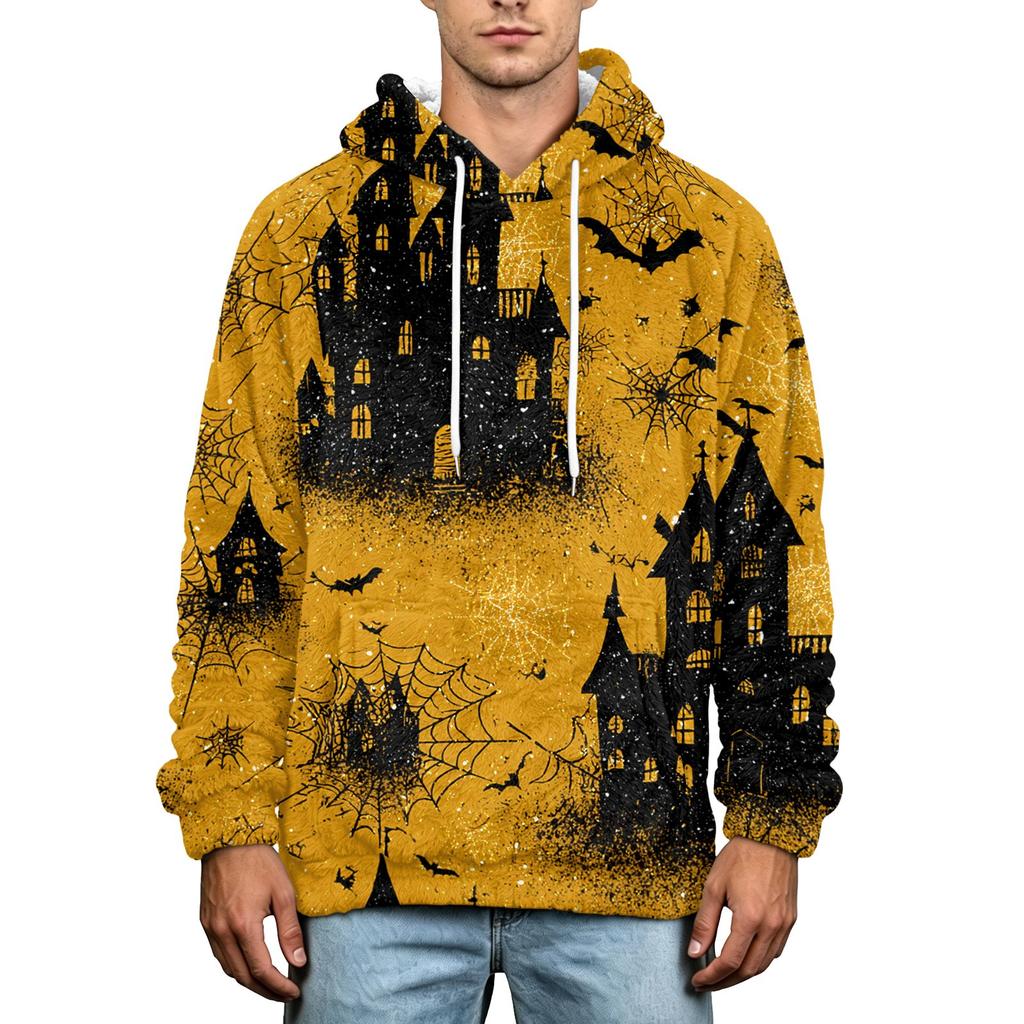 Herren Halloween Print Hoodie Übergröße Flanell Lässiger Pullover Sweatshirt für Herbst und Winter