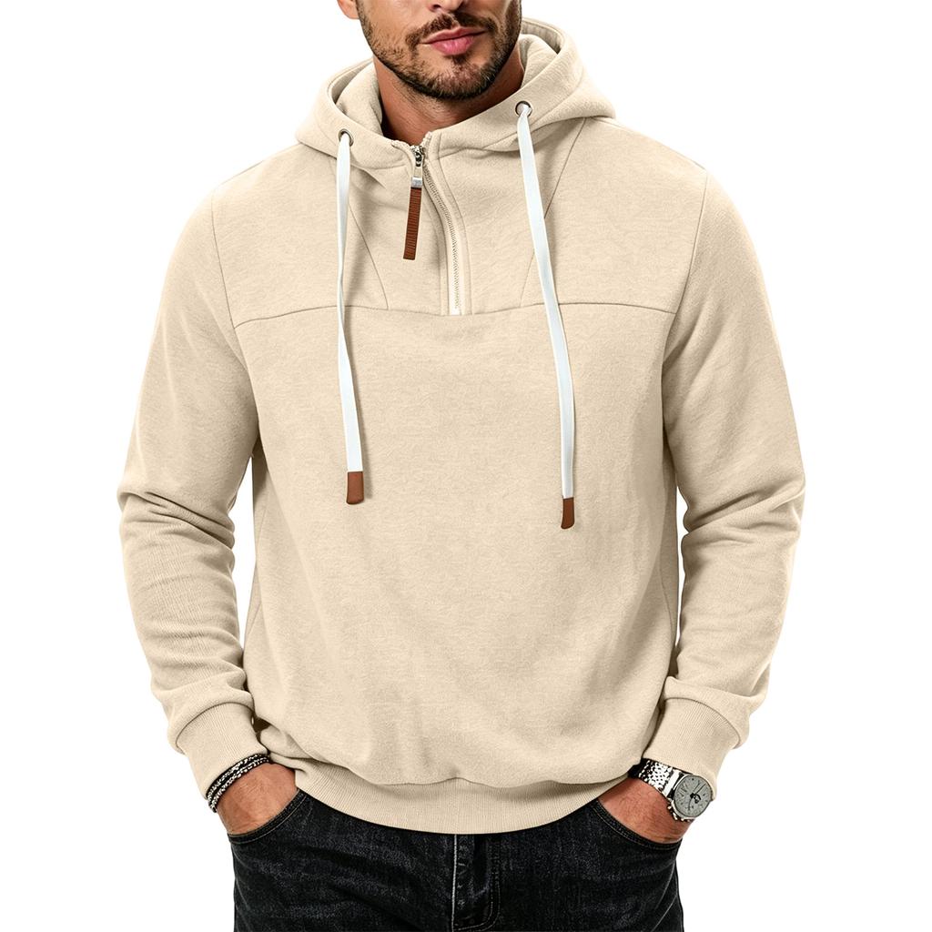Men's Casual Hooded Sweatshirt Loose Fit Pullover Half Zip Patchwork Design Long Sleeve Pullover for Autumn Winter